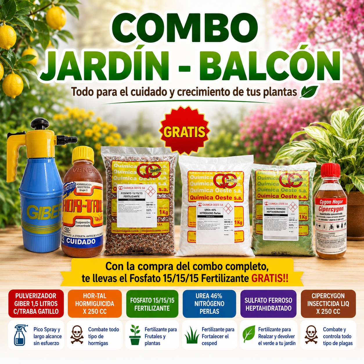 Combo Jardín – Balcón Fertilizantes + Prod. Vs c/ Fosfato 15/15/15 Sin Cargo.